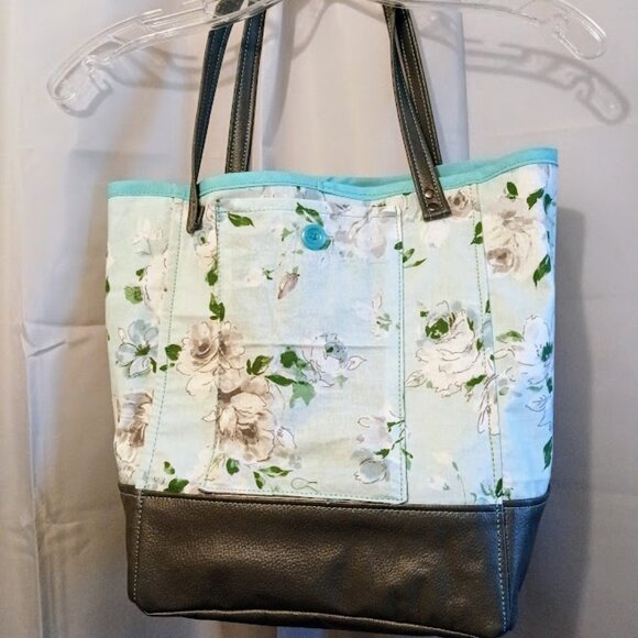 New Boho Roses Floral Tote Shopper shoulder Bag Blue Gray Double handle Carryall - Picture 10 of 12